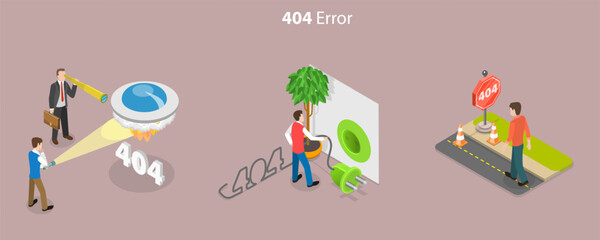 Wall Mural - 3D Isometric Flat Vector Conceptual Illustration of 404 Error, Disconnection or Loss of Connectivity