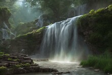 Ancient Architecture And Waterfalls. Generative AI