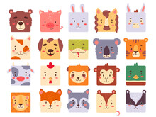 Square Animal Faces Set For UI Or Mobile Application. Cute Kawaii Avatars Collection For Kids Game, Simple Head Icons In Bright Color, Flat Vector Illustration Isolated On White Background.