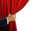 Fototapeta Zwierzęta - Hand holding red curtain.

