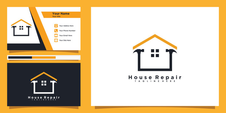 house repair logo design with hammer icon and business card