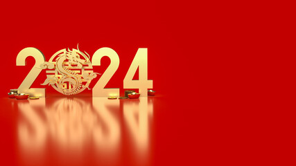 The gold Chinese money and dragon zodiac for 2024 year 3d rendering