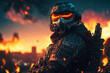 © CROCOTHERY - futuristic soldier with mask, apocalyptic burning night city background, fictional person created with generative ai