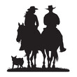 A vector silhouette of a cowboy and cowgirl riding horses together. There is also a dog following along.