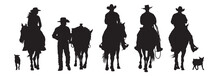 A Vector Silhouette Three Cowboys And One Cowgirl Riding Horses And One Cowboy Is Walking And Leading A Horse. There Are Also Two Cow Dog Silhouettes.