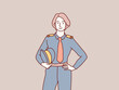 © yisar - Young woman hold hand waist good mood pilot simple korean style illustration