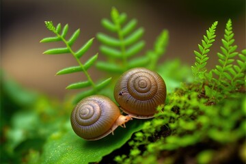 A tiny snail pair, lush vegetation,