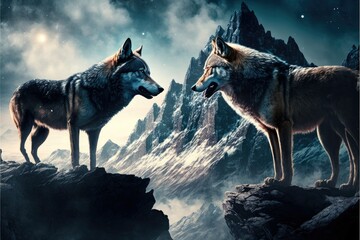 Wall Mural - Two wolfs illustrations , ai art