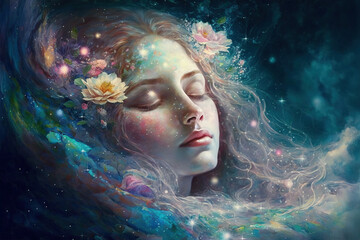 Abstract woman dream decorated by harmony and endless colors of star in the sky background . Sleeping beautiful girl imagination . Sublime Generative AI image .