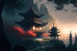 Chinese temple landscape with forest and mountains in the background, anime style. Generative AI