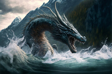 Wall Mural - Sea serpent emerging out of the water creating large waves with mountains in the background.