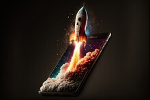 Rocket Illustration On Iphone Cell Phone Screen, Black Background. Generative AI