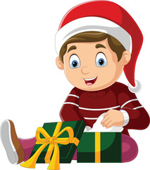 Poster - Cartoon little boy opening present box