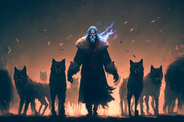 The wizard standing among his demonic wolves, digital art style, illustration painting 