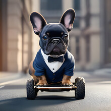 Bulldog In Business Suit Driving Mini Car On A Road City. Generative AI.