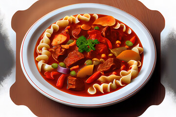 Wall Mural - overhead shot of homemade tasty stewed meat in tomato sauce with vegetables. goulash in wooden bowl on rustic table
