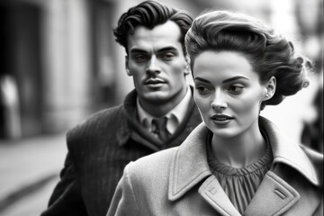 Attractive couple walking in New York City in 1955. monochromatic vintage. This image was created with generative AI