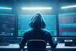 Young hacker hacking a network system with a laptop computer, danger for cyber security and antivirus commercial purpose, reworked and enhanced ai generated mattepainting illustration