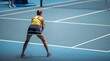 © William - Beautiful female athlete playing tennis. Amateur female tennis player hitting a forehand playing tennis summer