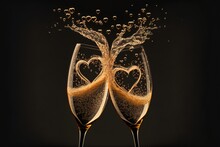 Two Champagne Glasses Toasting Each Other With Engraved Hearts And Sparkling Love, Valentine's Day, Love, Partnership, Romance Created With Generative Ai Technology