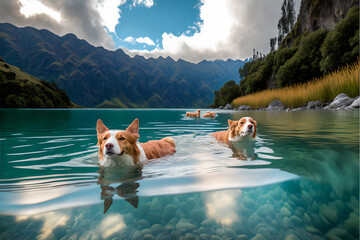 Two dogs - best friends - swimming together in a beautiful calm lake in new zealand with the mountains at the background