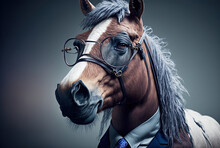 Portrait Of A Horse Wearing Glasses Dressed In A Formal Business Suit, Generative Ai