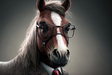 Portrait of a horse wearing glasses dressed in a formal business suit, generative ai