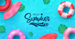 © ZeinousGDS - Summer vector background design. Hello summer text in swimming pool water with beach elements. Vector illustration tropical season greeting background.