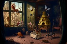 Insect Household In The Style Of Jan Steen Room Full Of Insects 