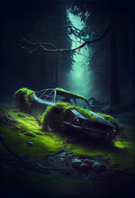 An Abandoned Car Wreck Without Lamps In The Middle Of A Dark Forest Covered In Moss, Captured With Extreme Sharpness And An Unreal Engine, AI Generative