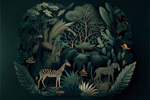The Mysterious Depth Of The Jungle Between Shadows With Wild Animals Standing In The Botanical Landscape. Creatures Of The Nocturnal Forest At Midnight. Ai Generated.