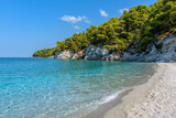 Fototapeta Do akwarium - The famous pebble beach kastani with the turquoise waters where the famous Mamma Mia movie was filmed, located in Skopelos island, Sporades, Greece.
