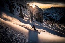 Skier Skiing Downhill Fresh Mountain Snow Powder Waist Deep First Tracks At Sunset First Run Winter Alpine Sunset Outdoors Winter Sports