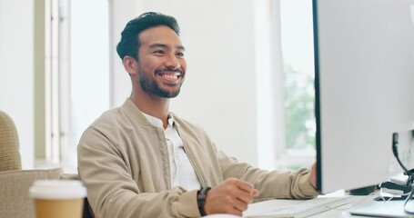 Poster - Internet, search and success by businessman on a computer for planning, creative and happy in office. Male, entrepreneur and corporate startup employee typing, browsing and email, smile and joy