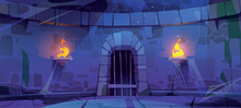 Old Dungeon, Castle Prison Interior With Door, Stone Walls And Torches At Night. Empty Medieval Jail With Iron Gate And Spiderweb, Vector Cartoon Illustration