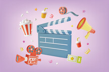 3d Cinema Movie Concept Video Shooting Clapboard And Camera With Elements Around Plasticine Cartoon Style. Vector Illustration