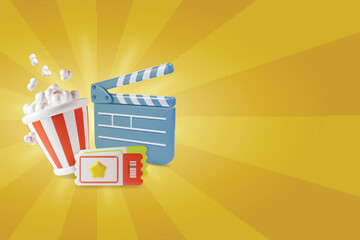 Sticker - 3d Cinema Movie Concept on a Yellow Background with Rays or Stripes. Vector illustration of Video Shooting Clapboard, Ticket and Popcorn Bucket