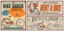 Set Of Vintage Bicycle Metal Signs,Rent A Bike, Bicycle Shop Retro Poster.