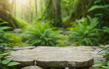 Stone empty podium stand for cosmetics with fern leaves in a summer garden. Mock up.