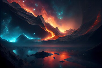 Wall Mural - cosmic landscape, bioluminescent nebula with generative ai