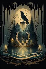 Wall Mural - tarot card representing the essence of dark lakes with Generative AI