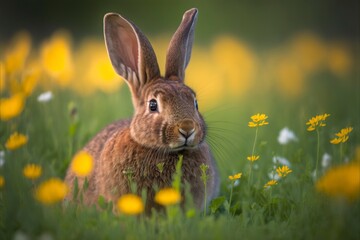 Poster - A rabbit on a meadow of wildflowers with Generative AI 