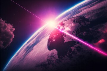 Wall Mural - pink laser beam pointed at earth from very high above with generative ai