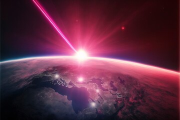 Poster - pink laser beam pointed at Earth from very high above with Generative AI