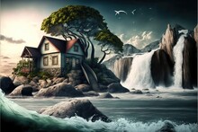 Sea View Rocky Waterfall And Bungalow With Trees And Birds. Photo Wallpaper - Digital Illustration
