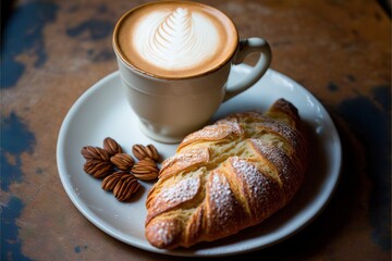  a cup of coffee and a pastry on a plate with nuts on the side of the plate and a spoon on the side of the plate.  generative ai