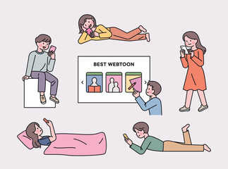 Wall Mural - People who read webtoons on mobile. People standing, walking, lying down, lying down, sitting and looking at their phones.
