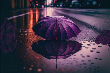 Poster -  a purple umbrella sitting on the side of a wet road next to a puddle of water on the ground and a street light in the background.  generative ai