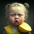 ai generated, 3d render of a little girl grumpy because of a sour lemon on a dark background