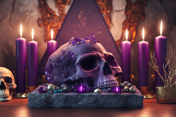 Magic purple gemstones and skull for esoteric spiritual practice, Healing Crystal Ritual, Witchcraft, future predictions. Generative AI illustration